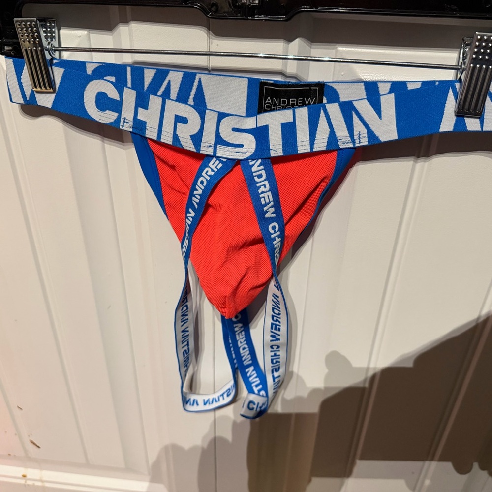 Andrew Christian Vibrant Red Jockstrap with Blue Accents